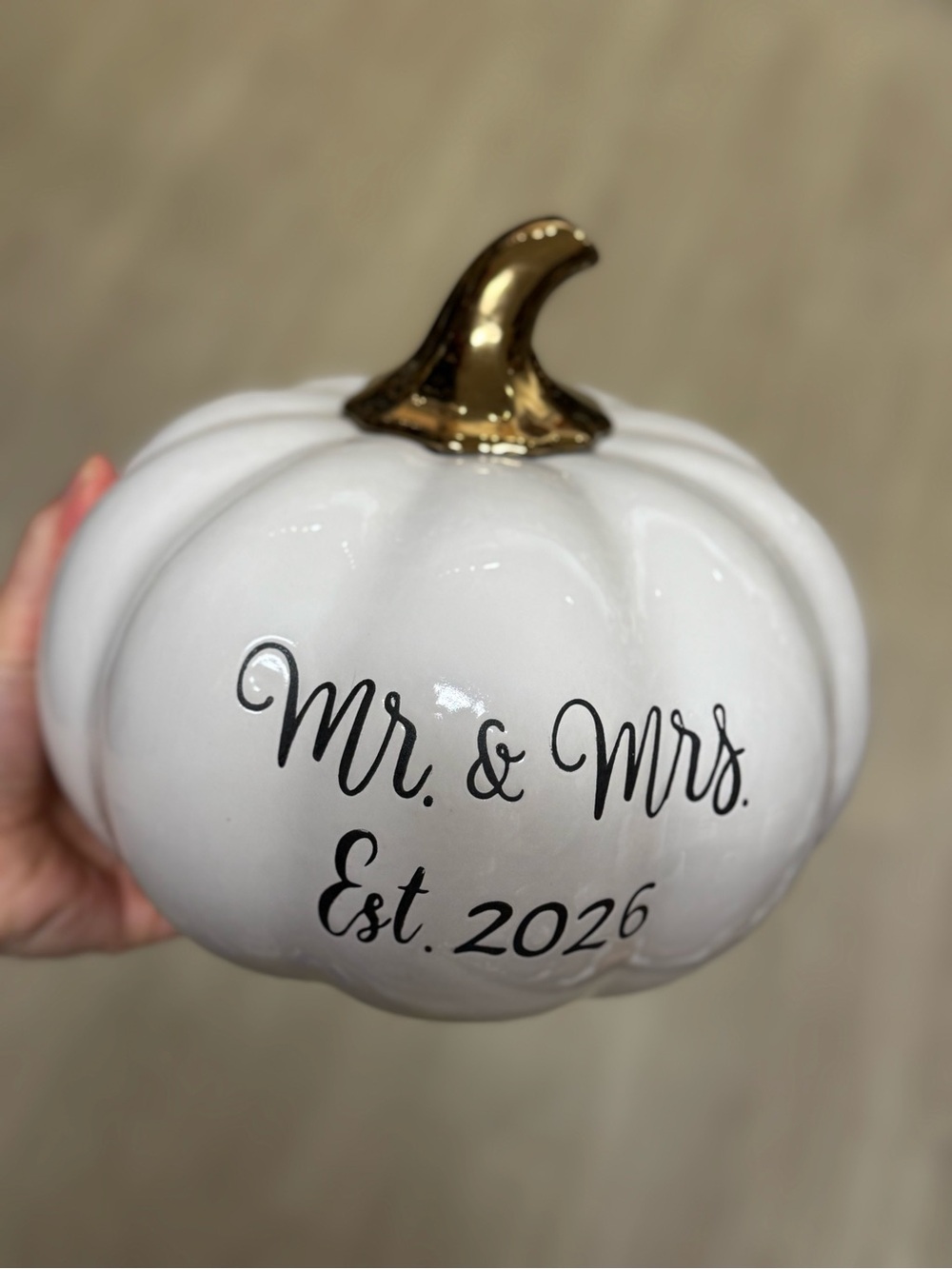Mr. & Mrs. White Ceramic Pumpkin with Gold Stem - Wedding Décor